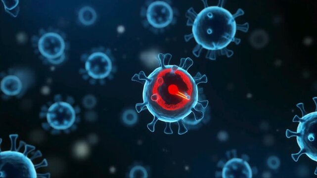 Close-up view of microscopic virus particles with one highlighted in red, representing a threat or infection