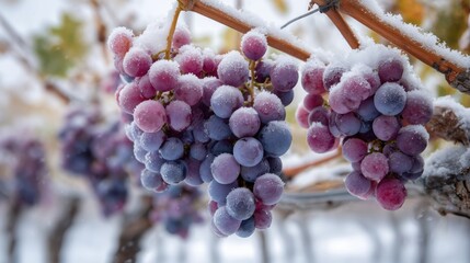 Frozen grapes hang on vines during winter frost in a vineyard with snow covering the landscape