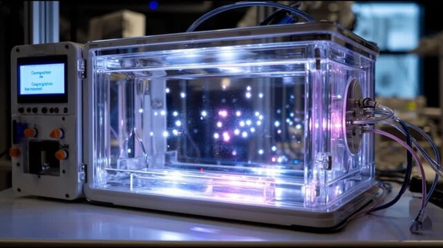 Organoid intelligence. OI. Biocomputing. Synthetic biology. Biological computation. Bioengineered tissue. A transparent bioreactor with luminous interior components.