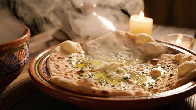 Atmospheric close up of a traditional ceramic serving platter containing pieces of freshly baked flatbread next to a rising cloud of steam from a hidden hot bowl serving, warmth, steam