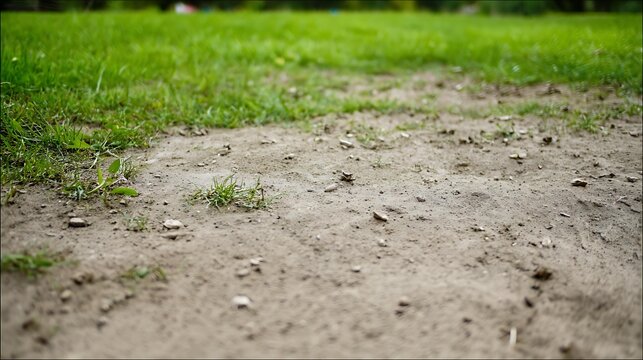 spodumene. Small depression in lawn with scattered soil fragments and textured ground. real-estate listings, architecture portfolios, designed for real-estate listing and luxury residence showcases.