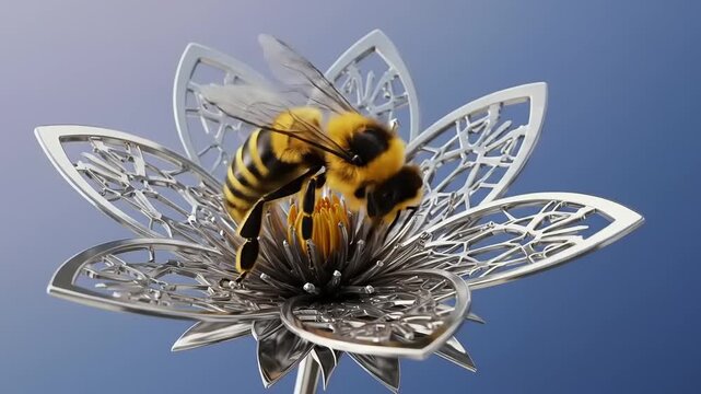 Close up of a bee on a metallic flower with intricate details.