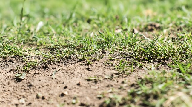 spodumene. Small depression in lawn with scattered soil fragments and textured ground. real-estate listings, architecture portfolios, designed for real-estate listing and luxury residence showcases.