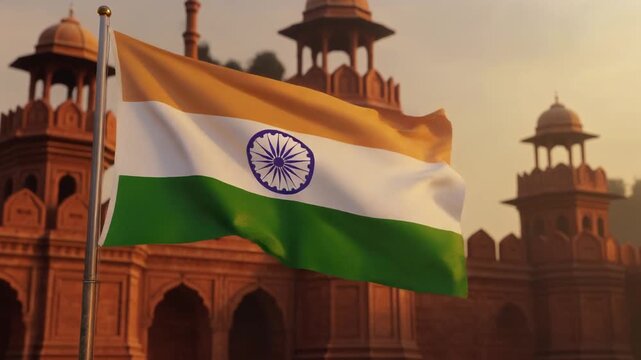 Indian Flag Waving with Red Fort, India Gate, and Parliament House &mdash; Cinematic Patriotic Monument Background 4K Animation