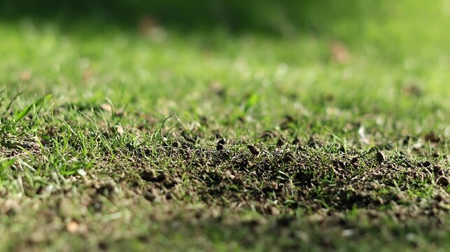 spodumene. Small depression in lawn with scattered soil fragments and textured ground. real-estate listings, architecture portfolios, designed for real-estate listing and luxury residence showcases.