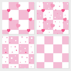 Set of valentines seamless pattern.check pattern with hearts and dots in pink and white.Vector graphic illustration background.Love symbol wallpaper.