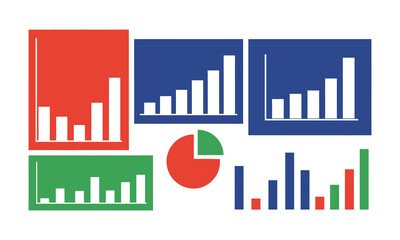 Simple bar charts and a pie chart in primary colors vector illustration