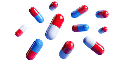Scattered, colorful, glossy capsules float against a black backdrop, a pharmaceutical concept