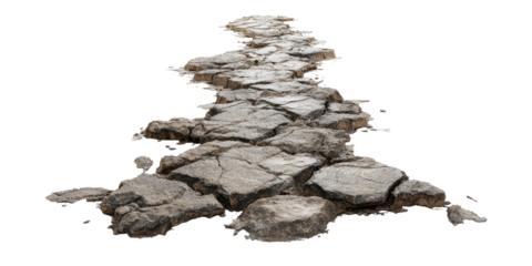 A stone path made of cracked, gray slabs with rough edges and an irregular, meandering layout