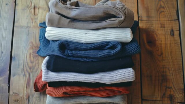 Video Cozy sweaters piled up on a rustic wooden floor, perfect for a home decor or fashion concept