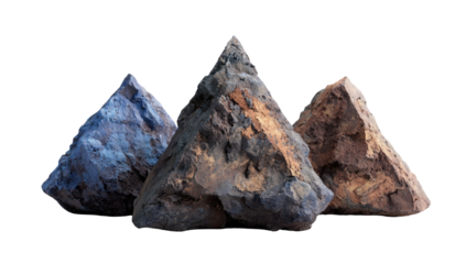 Three textured triangular stone formations, each in a unique color, on a solid black background