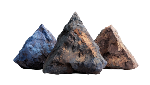 Three textured triangular stone formations, each in a unique color, on a solid black background - Powered by Adobe