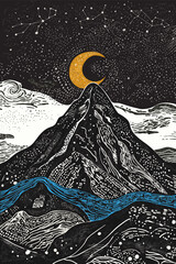 Beautiful night landscape with mountains and moon in lineart style