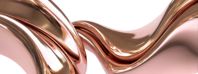 Abstract close-up of flowing, glossy, rose-gold colored material against a contrasting black background