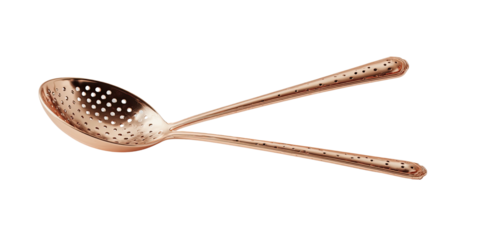 Two-piece, gold-colored tea strainer tool set, isolated on black background, angled view