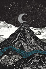 Beautiful night landscape with mountains and moon in lineart style