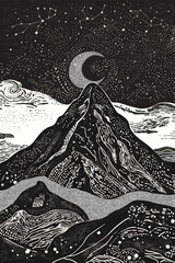 Beautiful night landscape with mountains and moon in lineart style