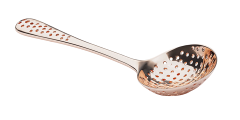 A close-up shot of a stainless steel cocktail spoon, featuring a perforated bowl, on black