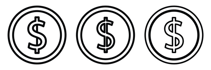 dollar coin outline stroke vector icon set. black color and white background