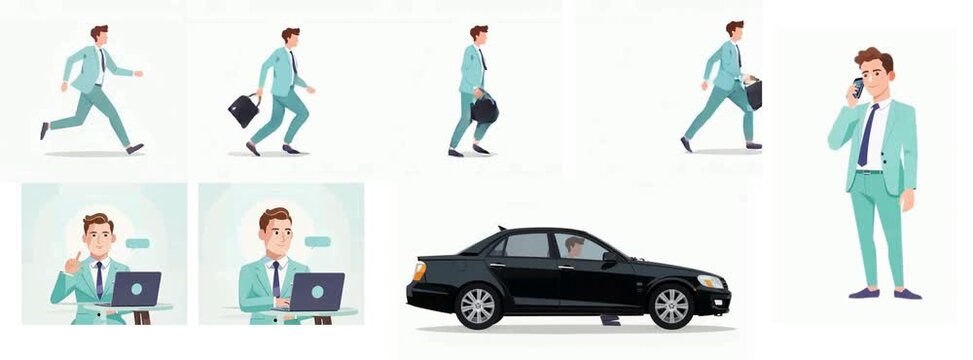 Illustration Animation of a businessman in a suit, hurrying to work while holding a mobile phone and a briefcase, talking on the phone, explaining work while using a laptop, and driving to work