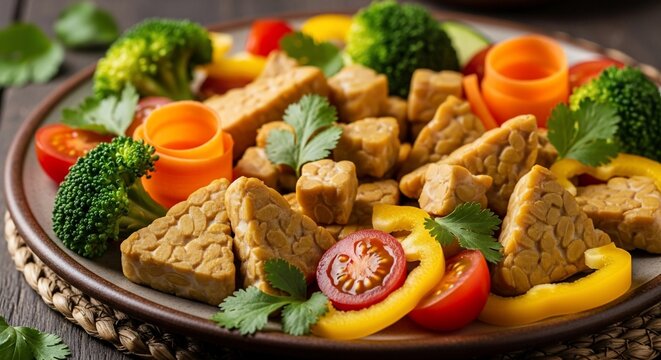 A vibrant and healthy vegan meal featuring pan-fried tempeh, fresh broccoli, colorful bell peppers, cherry tomatoes, and carrot ribbons, garnished with herbs on a rustic plate. - Powered by Adobe