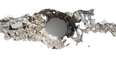 A close-up view of a hole in a concrete wall, revealing a white background