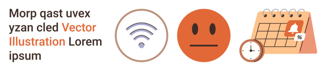 Digital communication, emotions, scheduling, technology, productivity, notifications. Icon set of wireless signal, neutral face and calendar with alarm clock. Digital communication and emotions