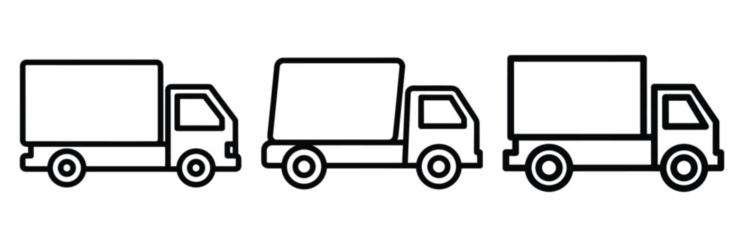 shipping truck outline stroke vector icon set. black color and white background