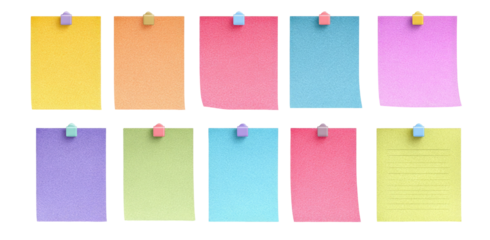 Assortment of ten colorful square sticky notes, each with a rounded edge, pinned on a black backdrop