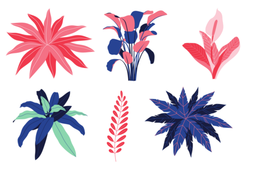 Collection of stylized tropical plants in pink, red, and blue hues isolated on transparent background - Powered by Adobe