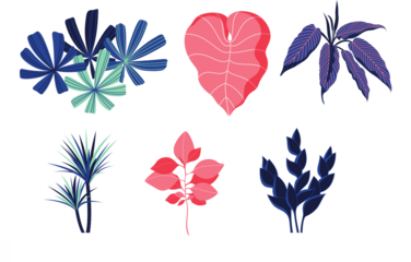 Collection of stylized tropical and abstract foliage illustrations in blue, pink, and green hues isolated on transparent background