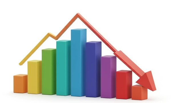 Colorful Bar Chart Showing Downward Trend with Arrow.
