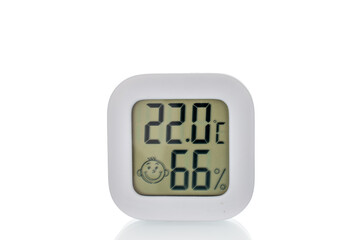 One digital room thermometer, close-up, isolated on white background.
