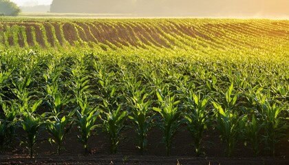 lush green cornfield with rows of vibrant plants illuminated by morning sunlight