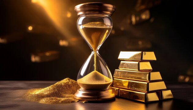 the hourglass with golden sand beside stacked gold bars symbolizing time and wealth