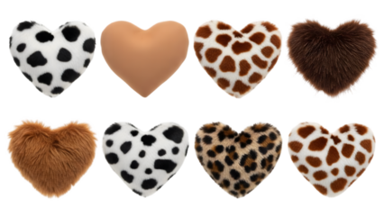 Hearts with animal print patterns isolated on transparent background