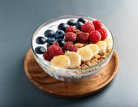 the yogurt parfait bowl with fresh blueberries raspberries banana and granola topping - Powered by Adobe