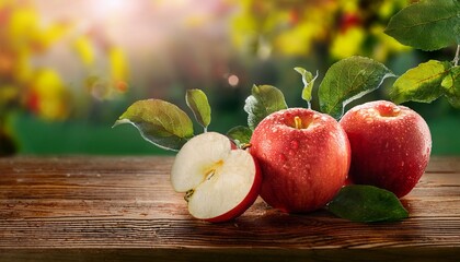 the apples on rustic wooden table with dew drops and garden leaves