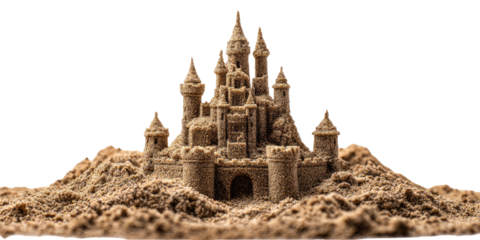 A detailed sandcastle with intricate turrets and towers, constructed on a sandy surface