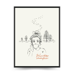 Merry Christmas and Happy New Year linocut poster template. Modern trendy Matisse minimal style. Hand drawn design for wallpaper, wall decor, print, postcard, cover, template, banner.