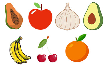 Assortment of fresh fruits and vegetables isolated on transparent background