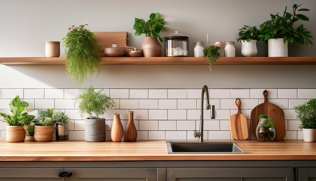 modern kitchen interior with wooden countertop and open shelving displaying kitchenware and plants