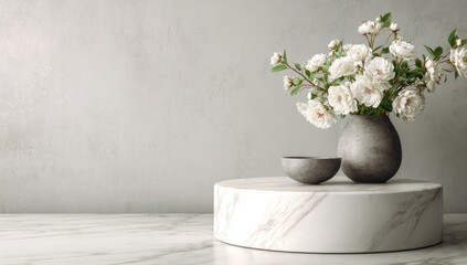 Elegant floral arrangement in ceramic vase with bowl on marble pedestal against textured wall