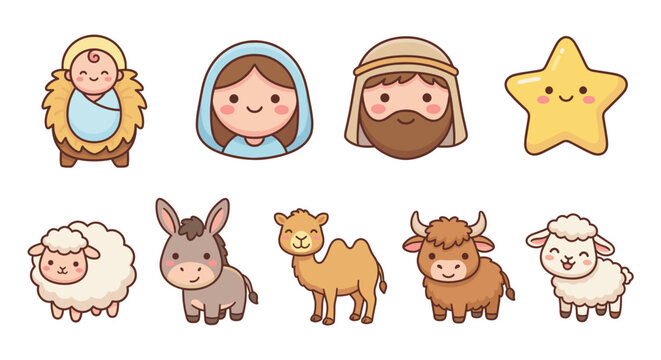 Cute christmas nativity characters vector set in bethlehem silhouette theme featuring baby jesus mary and joseph with farm animals for kids holiday sticker design.