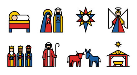Geometric Christmas Nativity Icons Vector Set. Bold Line Art of Holy Family, Three Kings, and Angel in Bethlehem. Modern Colorful Silhouette Symbols for Holiday Graphic Design.