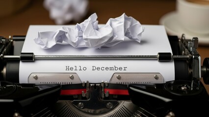Vintage Typewriter with Hello December Message and Crumpled Paper.