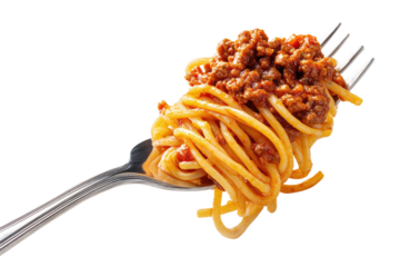 Close-up of spaghetti and meat sauce wound on a fork, isolated on black
