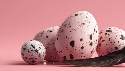 Four speckled eggs near a black feather against a soft pink background