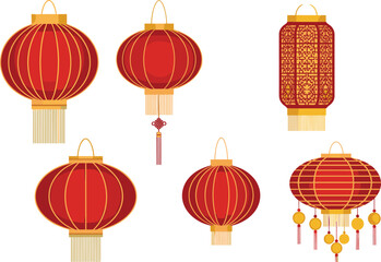 Traditional Chinese lantern set, red and gold festive decorations, cultural symbols, hanging tassels, New Year celebration vector illustration design