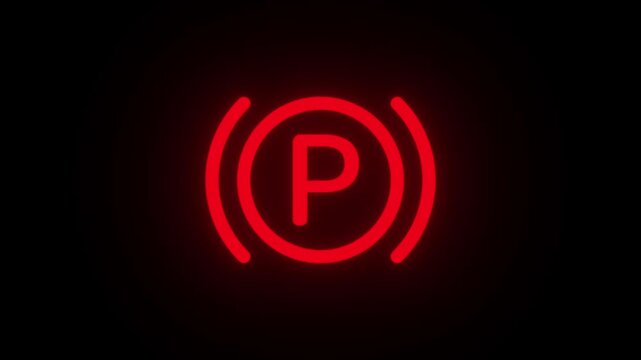 Parking brake warning sign icon flashing animation on dark black background for safety alerts